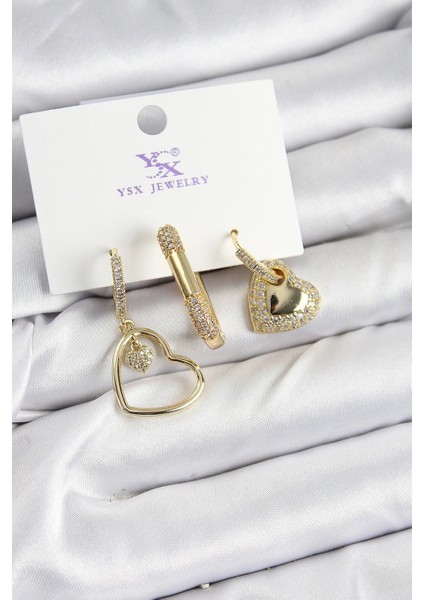 Pirinç Zirkon Taşlı Kalp Model Gold Renk 3'lü Kadın Küpe