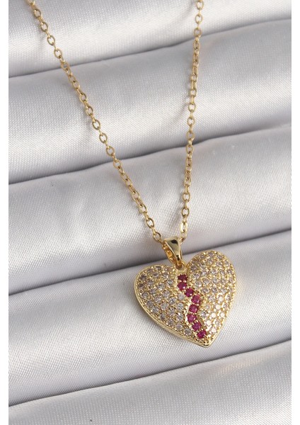 316L Çelik Gold Renk Zincir Zirkon Taşlı Kalp Model Kadın Kolye