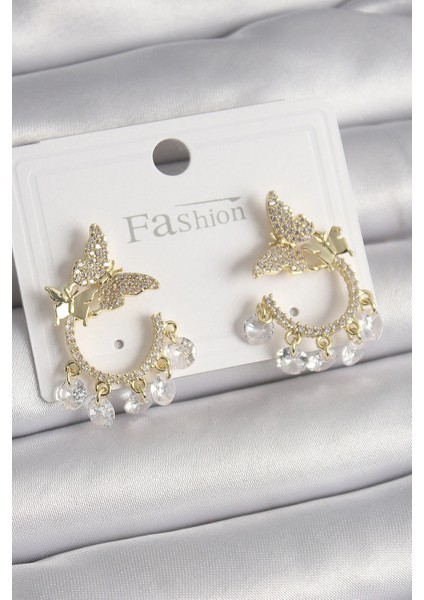 Pirinç Gold Renk Zirkon Taşlı Sallantı Detay Kelebek Model Kadın Küpe