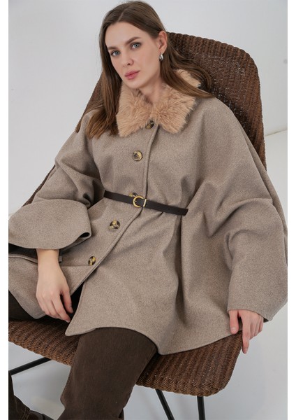 Kadın Kemerli Kaşe Panço 9165 - Taş modelleri