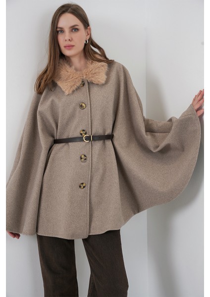 Kadın Kemerli Kaşe Panço 9165 - Taş fırsatları