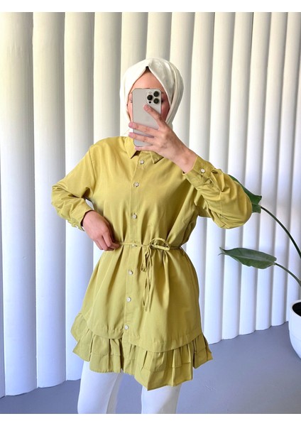 Etek Ucu Katlı Fırfırlı Düğmeli Poplin Gömlek Tunik -Yağ Yeşili