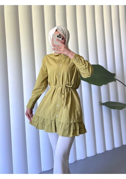 Etek Ucu Katlı Fırfırlı Düğmeli Poplin Gömlek Tunik -Yağ Yeşili modelleri