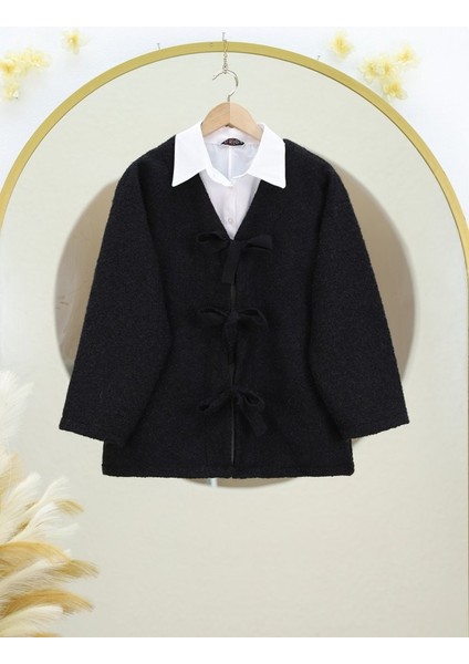 Önü Bağlamalı Kırçıllı Kaşe Ceket -Siyah