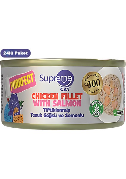 Tiftiklenmiş Tavuk Göğüsü ve Somonlu Yetişkin Konserve Kedi Maması 70GR 24LÜ