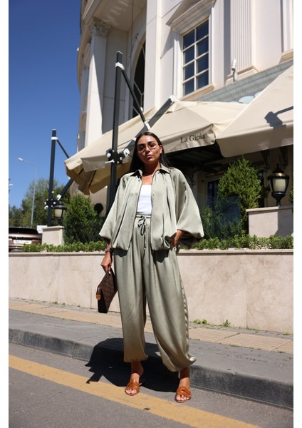 Kendinden Desenli Saten Şalvar Pantolon