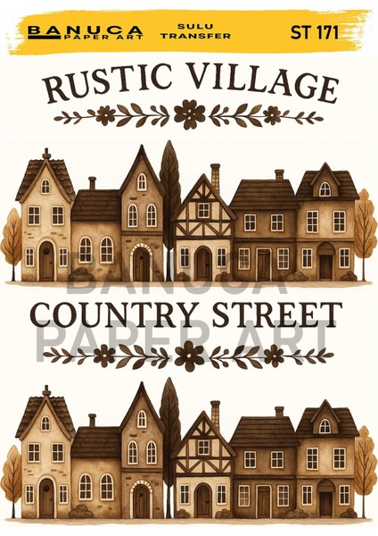 ST171 Rustik Sıralı Evler Desenli 25*35 cm Açık Zemin Sulu Transfer