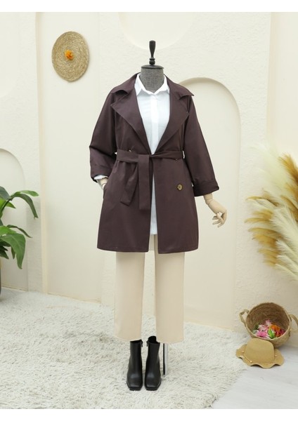 Bolero Detaylı Düğmeli Ara Boy Trençkot -Mürdüm fırsatları