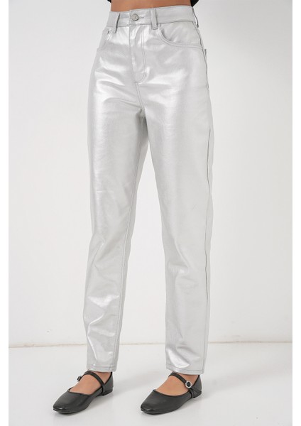 Kadın Yüksek Bel Parlak Pantolon 6738 - Gümüş indirimleri