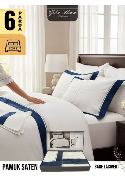 Sare Lacivert Jakarli Saten Cift Kişilik Nevresim Takımı