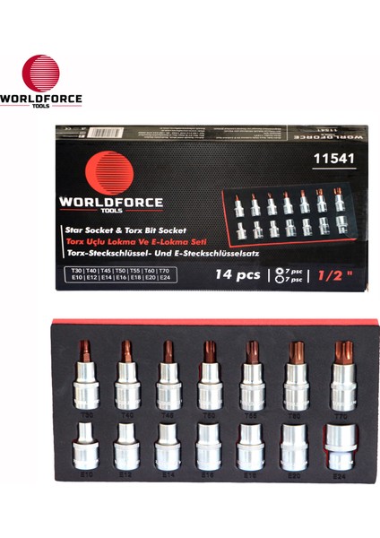 Lokmalı Torx ve E-Lokma Seti 14 Parça 1/2'' (T30,40,45,50,55,60,70) + (E10,24,30,70)