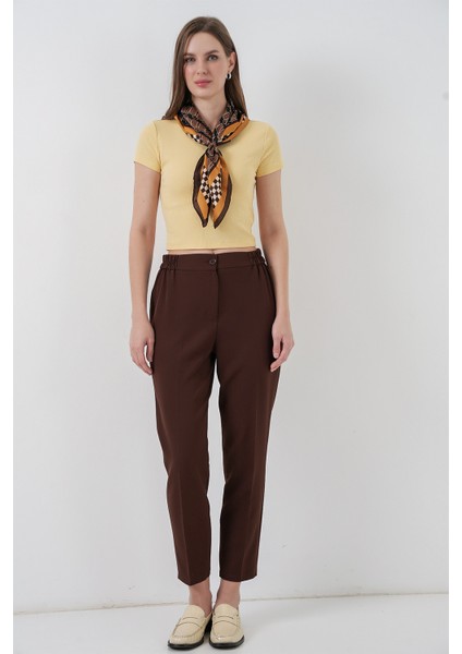 Kadın Beli Lastikli Kumaş Pantolon 30058 - Kahverengi