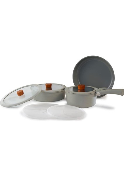 Midas Gri 9 Parça Ayrılabilen Saplı Iç Içe Geçebilen Tencere Tava Seti