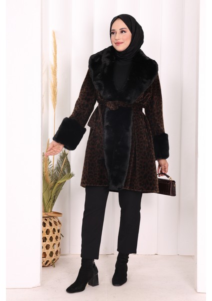 Leopar Kürklü Kaban 70062-1 Kahverengi