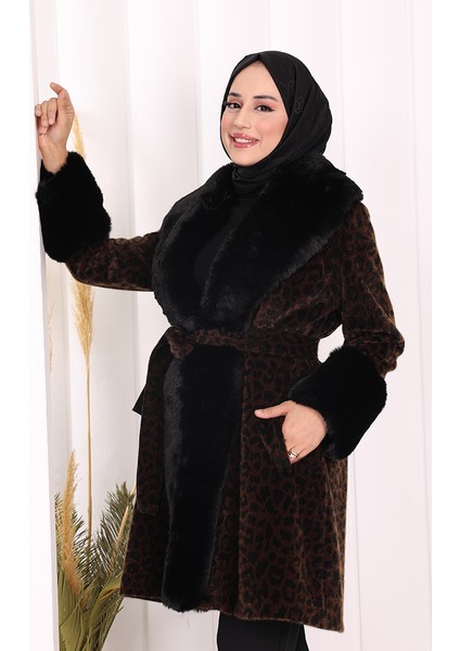 Leopar Kürklü Kaban 70062-1 Kahverengi indirimleri