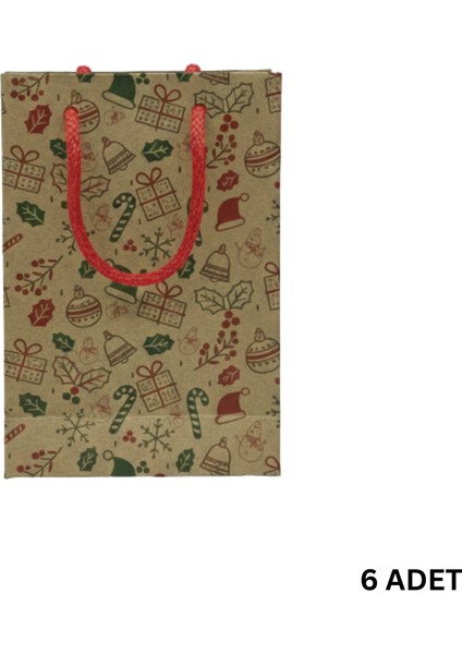 Yılbaşı Desenli Kraft Karton Çanta Seti - 6lı, Kırmızı Saplı Parti, Noel, Hediye Çantası, 12X17 cm