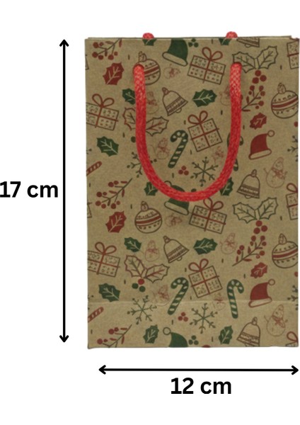 Yılbaşı Desenli Kraft Karton Çanta Seti - 6lı, Kırmızı Saplı Parti, Noel, Hediye Çantası, 12X17 cm fiyatları