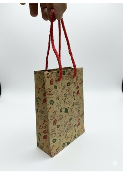 Yılbaşı Desenli Kraft Karton Çanta Seti - 6lı, Kırmızı Saplı Parti, Noel, Hediye Çantası, 12X17 cm fırsatları