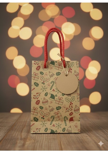 Yılbaşı Desenli Kraft Karton Çanta Seti - 6lı, Kırmızı Saplı Parti, Noel, Hediye Çantası, 12X17 cm indirimleri