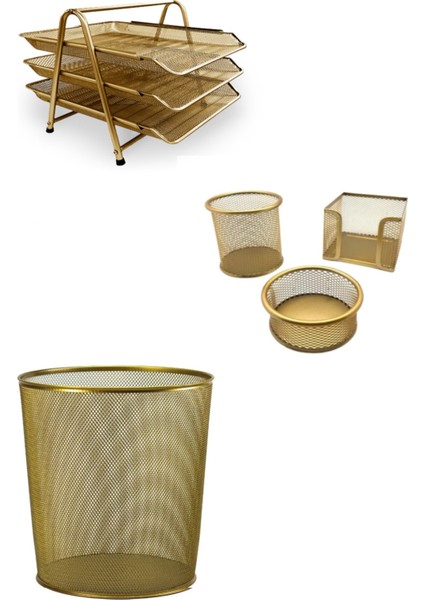 Metal Ofis Seti Gold (3' Lü Evrak Rafı, Kalemlik, Ataşlık,, Çöp Kovası )