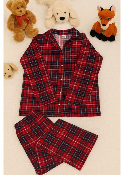 Kırmızı Ekose Desenli %100 Pamuklu Düğmeli Kadın Pijama Takımı – Yumuşak Süet Dokulu Rahat Kesim modelleri