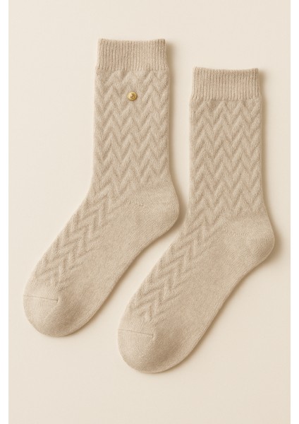 Kadın Zımbalı Yün Soket Çorap Bej Melanj