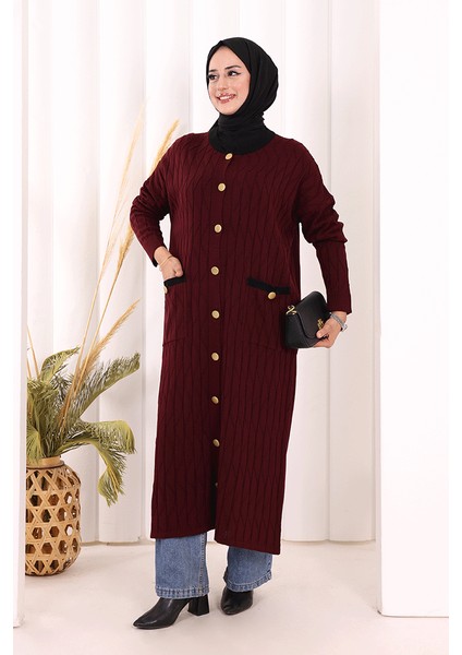 Desenli Triko Hırka 18207 Mürdüm