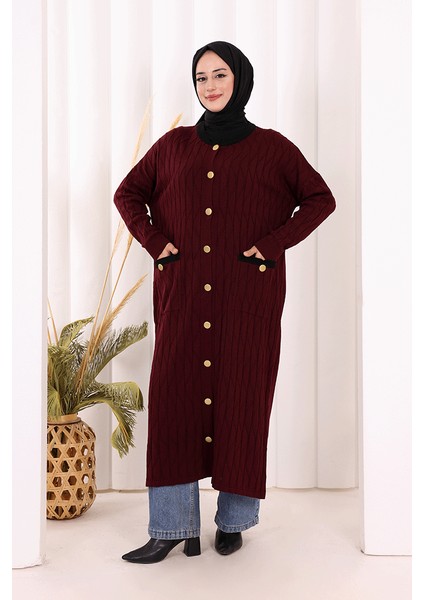 Desenli Triko Hırka 18207 Mürdüm modelleri