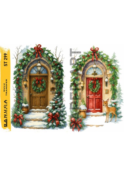 ST299 Yeniyıl Dekorlu Kapı Desenli 25*35 cm Açık Zemin Sulu Transfer