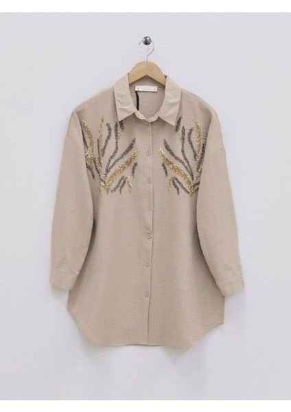 Önü Pul Payetli Uzun Gömlek -Vizon