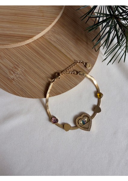 Kalpli Renkli Taşlı Italyan Zincir Bileklik