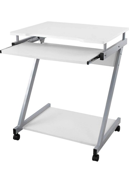 Çalışma Masası, 4 Tekerlekli Bilgisayar Masası, Pc Masası, Pürüzsüz Klavye Uzatma, Montaj, Yerden Tasarruf Sağlayan Z-Şekilli Pc Masası, Beyaz, LCD811W, 60 x 48 x 73 cm
