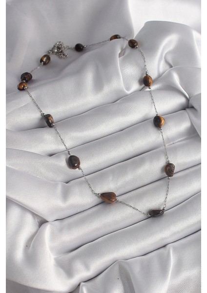 316L Çelik Gümüş Renk Zincir Kahverengi Doğaltaş Model Kadın Kolye fiyatları