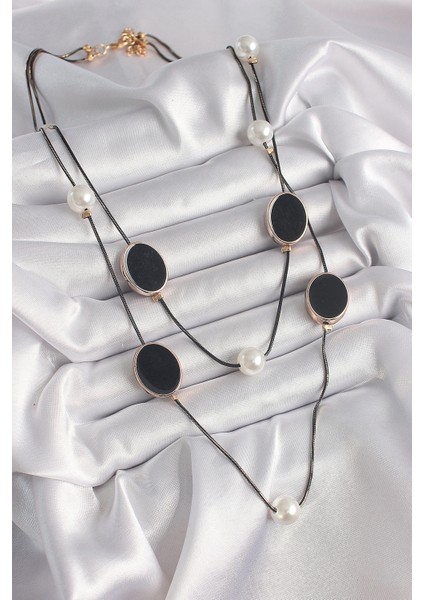 Pirinç Siyah Renk Zincir Inci Detaylı Çoklu Kadın Kolye fiyatları