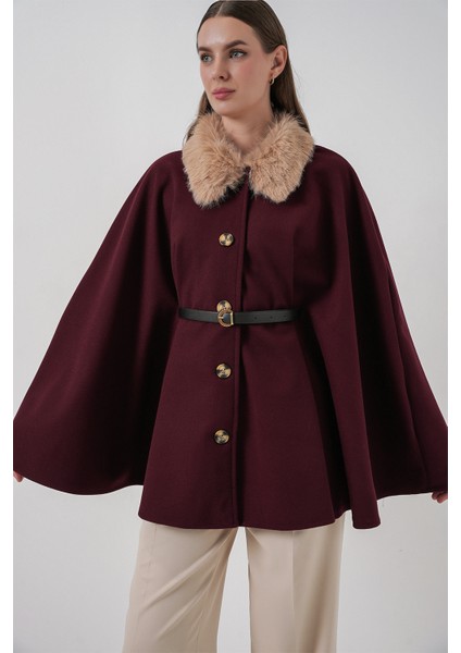 Kadın Kemerli Kaşe Panço 9165 - Bordo