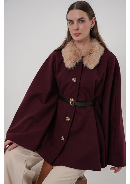 Kadın Kemerli Kaşe Panço 9165 - Bordo fiyatları