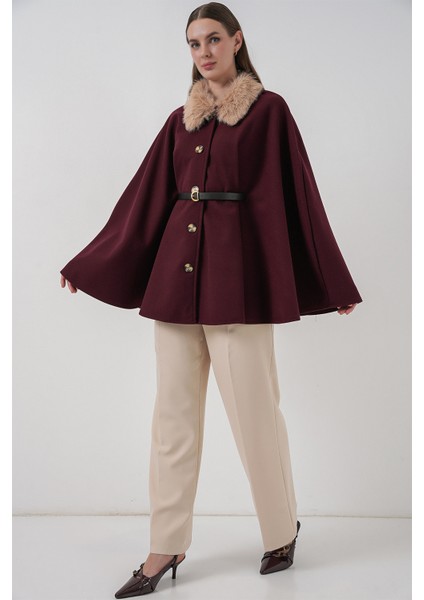 Kadın Kemerli Kaşe Panço 9165 - Bordo modelleri