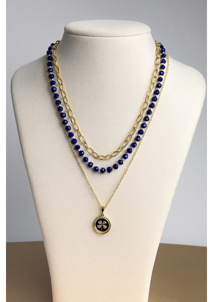 Lacivert Kristal Taşlı Altın Kaplama Yonca Figürlü Çoklu Kolye