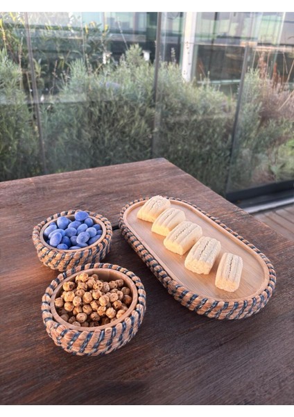 Hasır Görünümlü 3’lü Bambudan Sunum Seti – Doğal ve Şık Sofra Takımı