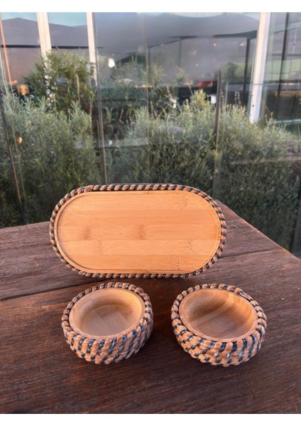 Hasır Görünümlü 3’lü Bambudan Sunum Seti – Doğal ve Şık Sofra Takımı