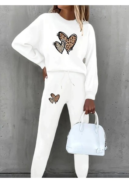 Kadın Uzun Kollu Bisiklet Yaka Kalp Desenli Şardonlu Üç Iplik Bluz ve Pantolon Ikili Takım modelleri