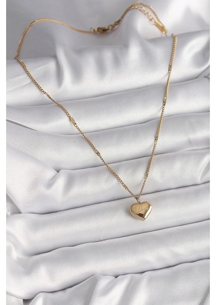 316L Çelik Gold Renk Zincir Love Işlemeli Kalp Figür Kadın Kolye fiyatları