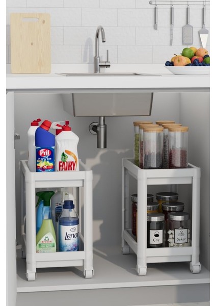 Life 2 Adet 2 Katlı Tekerlekli Tezgah Altı Beyaz Mutfak Rafı MIT1120