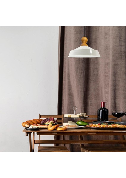 Asaletli Beyaz Iç Beyaz Tekli Avize Ahşap Başlık Retro Sarkıt Lamba Restoran Salon Aydınlatma