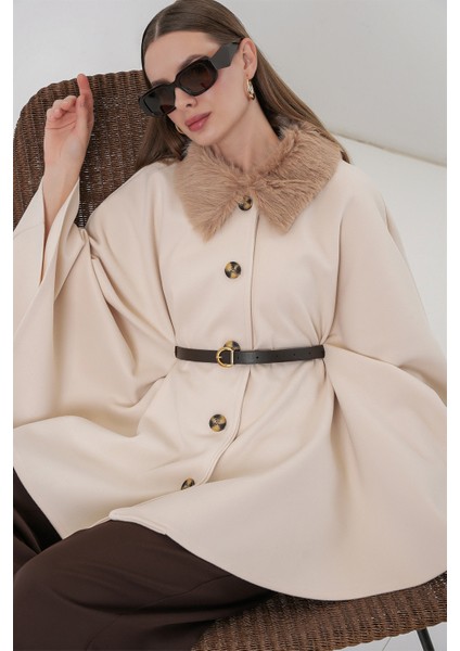 Kadın Kemerli Kaşe Panço 9165 - Krem