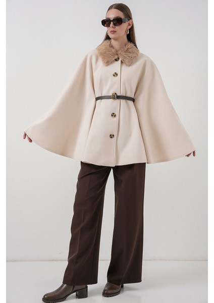 Kadın Kemerli Kaşe Panço 9165 - Krem fiyatları