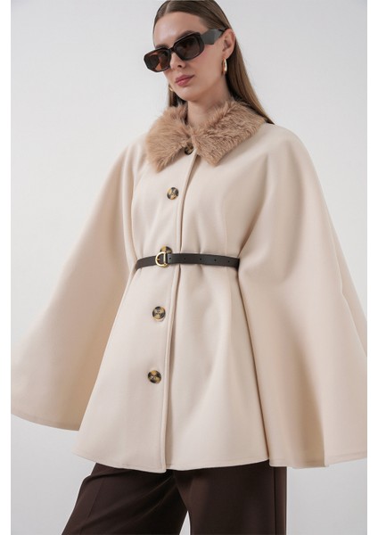 Kadın Kemerli Kaşe Panço 9165 - Krem modelleri