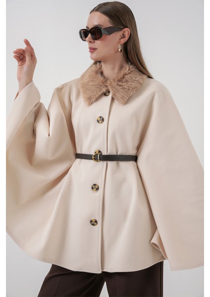 Kadın Kemerli Kaşe Panço 9165 - Krem fırsatları