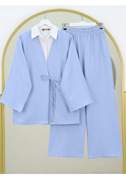 Önden Bağlamalı Pantolonlu Kimono Takım -Bebe Mavi
