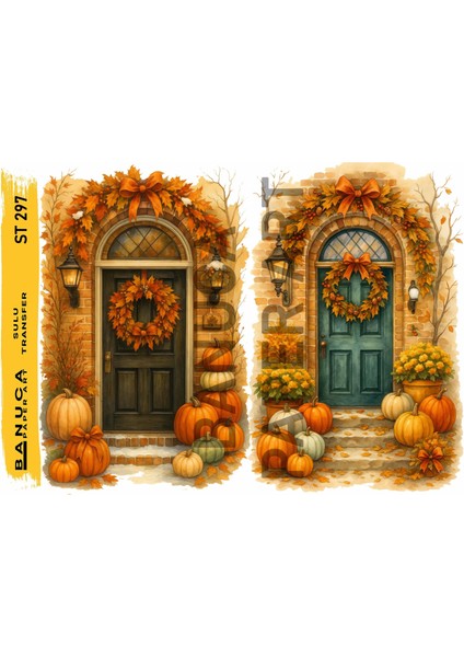 ST297 Sonbahar Dekorlu Kapı Desenli 25*35 cm Açık Zemin Sulu Transfer